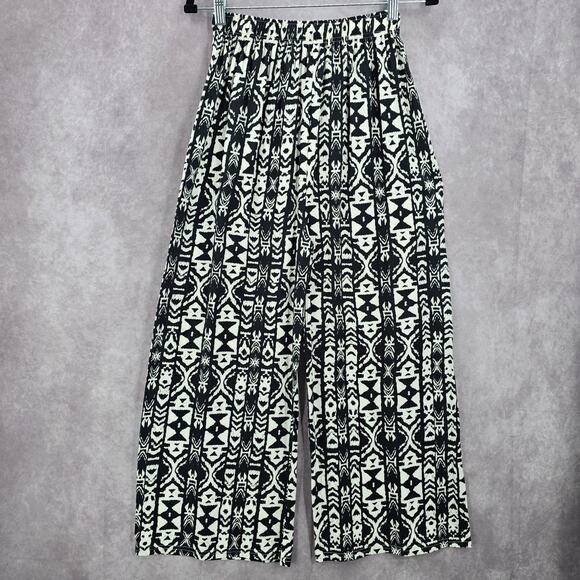 Black White Wide Leg Pullon Boho Beach Funky Print Bottoms Pants Medium - Picture 2 of 5